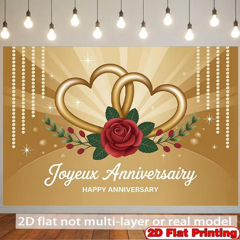 

2D Gold Heart Anniversary Backdrop, Joyeux Happy Anniversary Photography Background 47.2x31.5inch/120*80cm