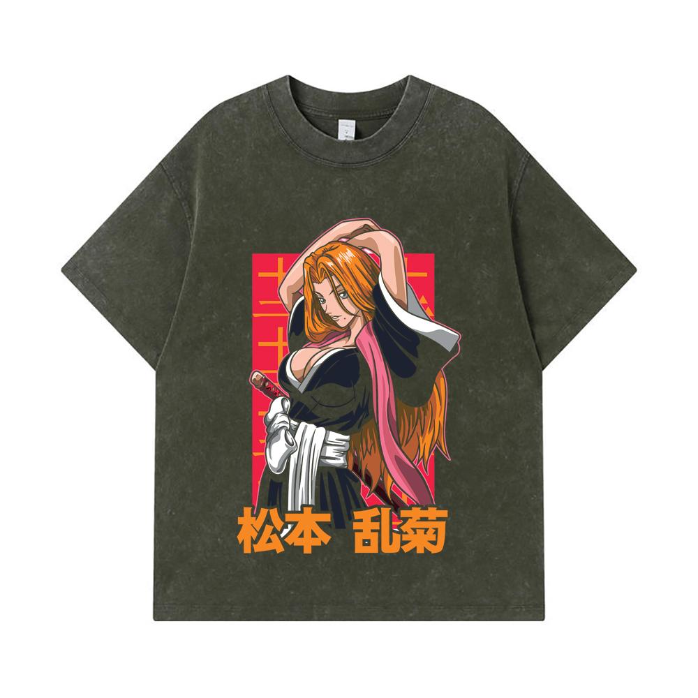 

275 GSM Washed T-shirts 100% Cotton Bleach V8 Matsumoto Print Unisex Heavy Cotton T Shirt S армия зеленый