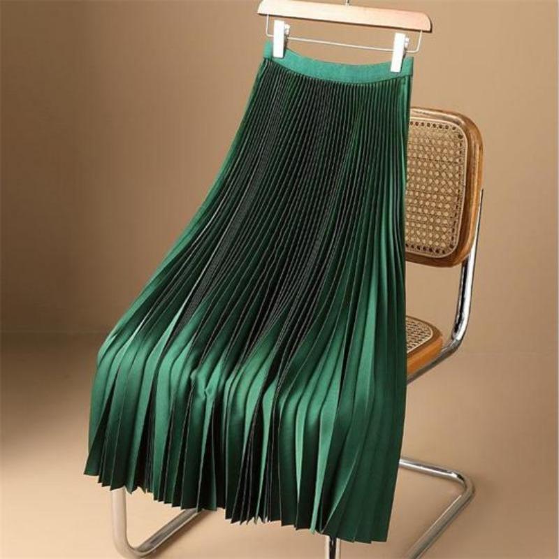 Women Vintage Midi Skirt Wide Elastic Waistband High Waist Pleated A-Line Skirt Solid Color Smooth Satin Long Skirt