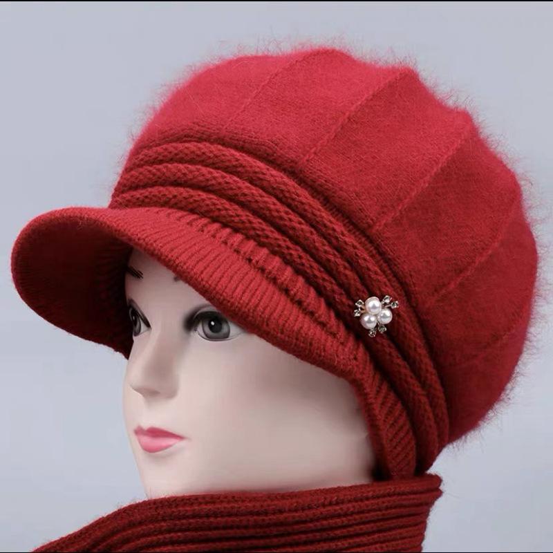 Elderly Grandmother Plus Velvet Rabbit Woolen Hat Middle Aged and Elderly Warm Hat  Thickened Knitted Cotton Hat