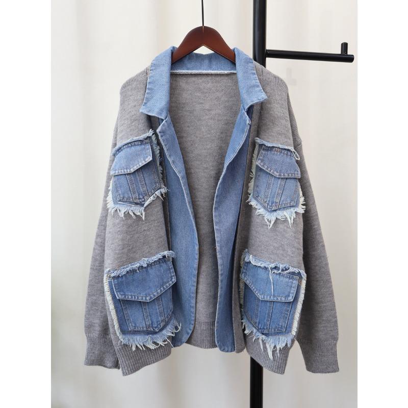 Autumn and Winter New Denim Splicing Sweater Jacket Women's Design Sense Loose Casual Versatile Knitted Cardigan