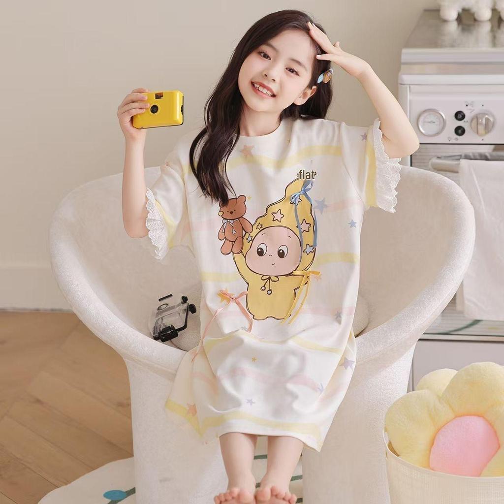 Cartoon Style Girls' One-Piece Summer Nightgown - Thin, Cute, Soft for Medium/Older Kids, Ideal for Home Air Conditioning.
