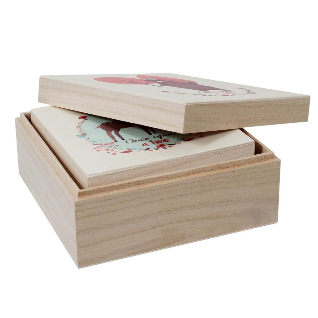 Les Trésors De Lily [A0545] - Set of 2 Wooden Nesting Boxes 'Once Upon a Time' Bears - Reindeer - 18x18x8. 5 Cm