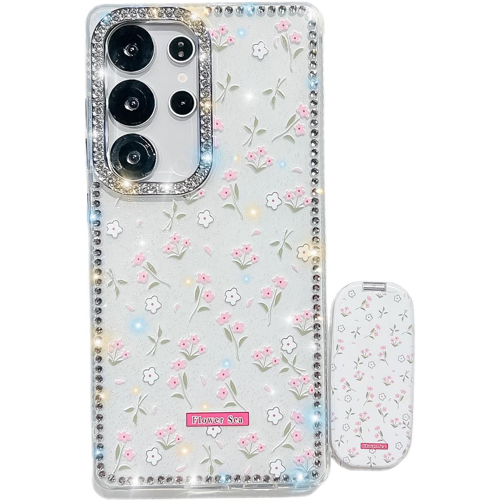 Samsung S25Ultra Mobile Phone Case Flash Drill S24FE Flower One Line Mirror Bracket A36 Protective Cover