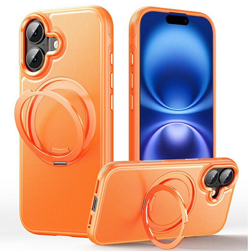 For iPhone 16 Plus Case Compatible with MagSafe Rotating Kickstand Litchi Texture PC TPU Phone Cover