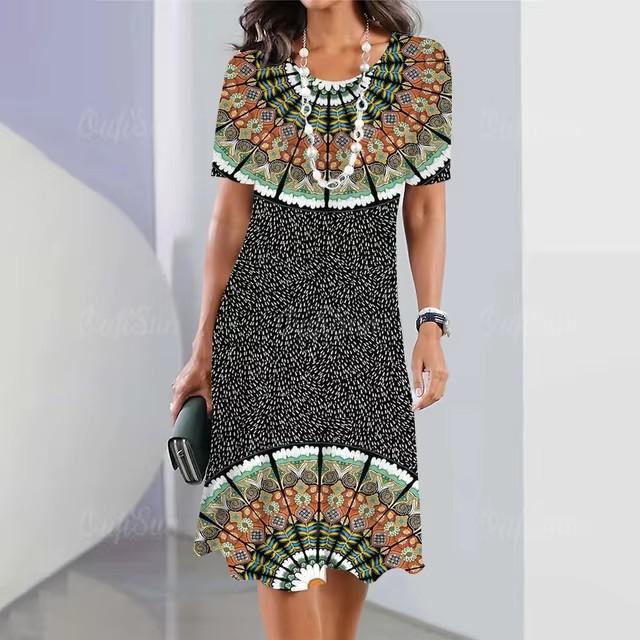 Elegante Abito Midi da Donna a Maniche Corte Moda Stampa 3D Taglie Forti Abbigliamento da Spiaggia