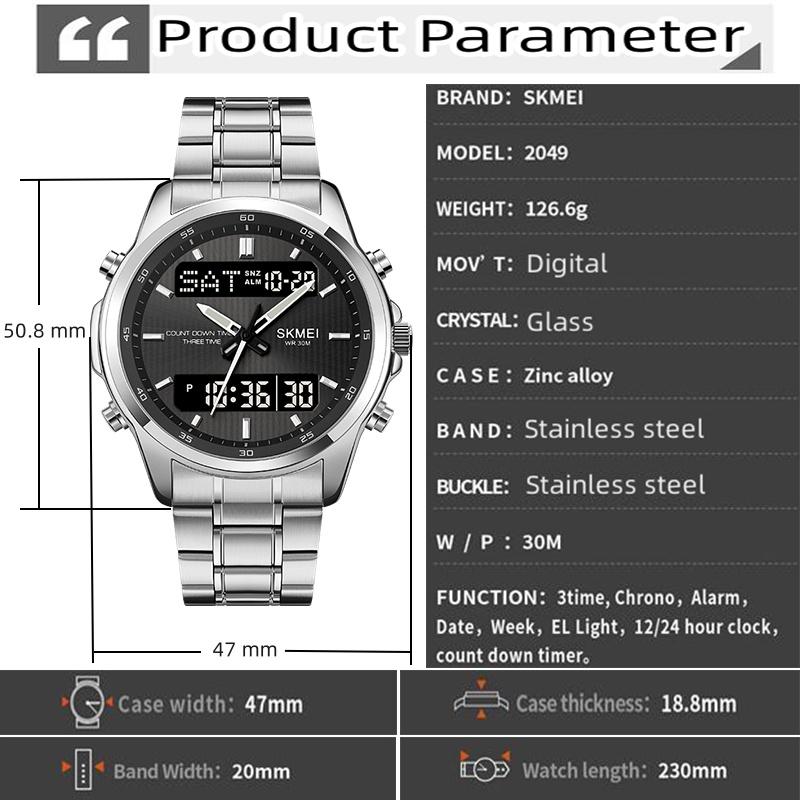 Skmei Mens Quartz Analog Bracelet Watches Luxury Stainless Steel Strap Led Waterproof Digital Sports Three Time Zone Alarm Clock