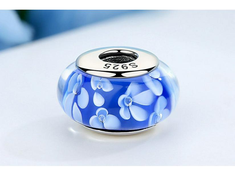 Sterling Silver 925 Blue Pattern Murano Glass Spacer Bead, Threaded, Large Hole, SCZ006