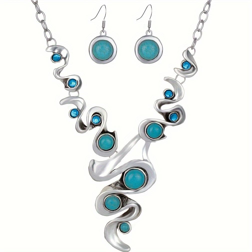 Women's Vintage Bohemian Ethnic Greenstone Asymmetrical Pendant Necklace Earrings Set Wedding Party Jewelry Gift Accessories