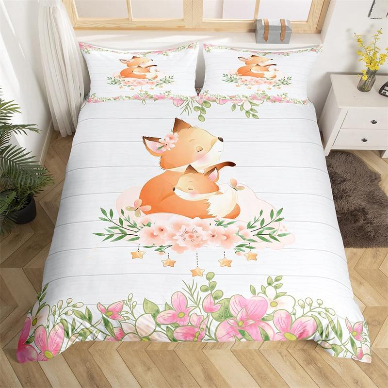 Cute Milk Cow Bedding Set King Cartoon Animal Duvet Cover Botanical Floral Comforter Cover Microfiber Farmhouse Bedspread Cover