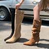 2025 Autumn and Winter Versatile Skinny Pile Boots Pointed Thin Heel High Heel Boots Women's Maillard But Knee Boots