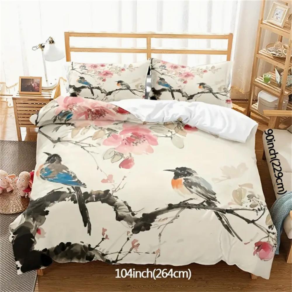 

3pcs Polyester Duvet Cover Set (1*Duvet Cover + 2*Pillowcase, Without Core), Chinese Style Ink Painting Floral Bird Printed All EU Single 135x200cm