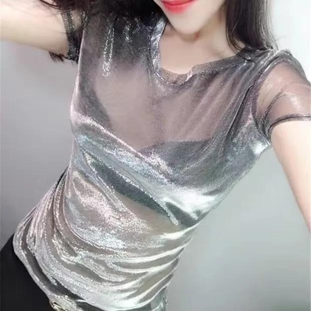 

Женская весенне-летняя прозрачная шелковая базовая футболка с круглым вырезом и коротким рукавом S