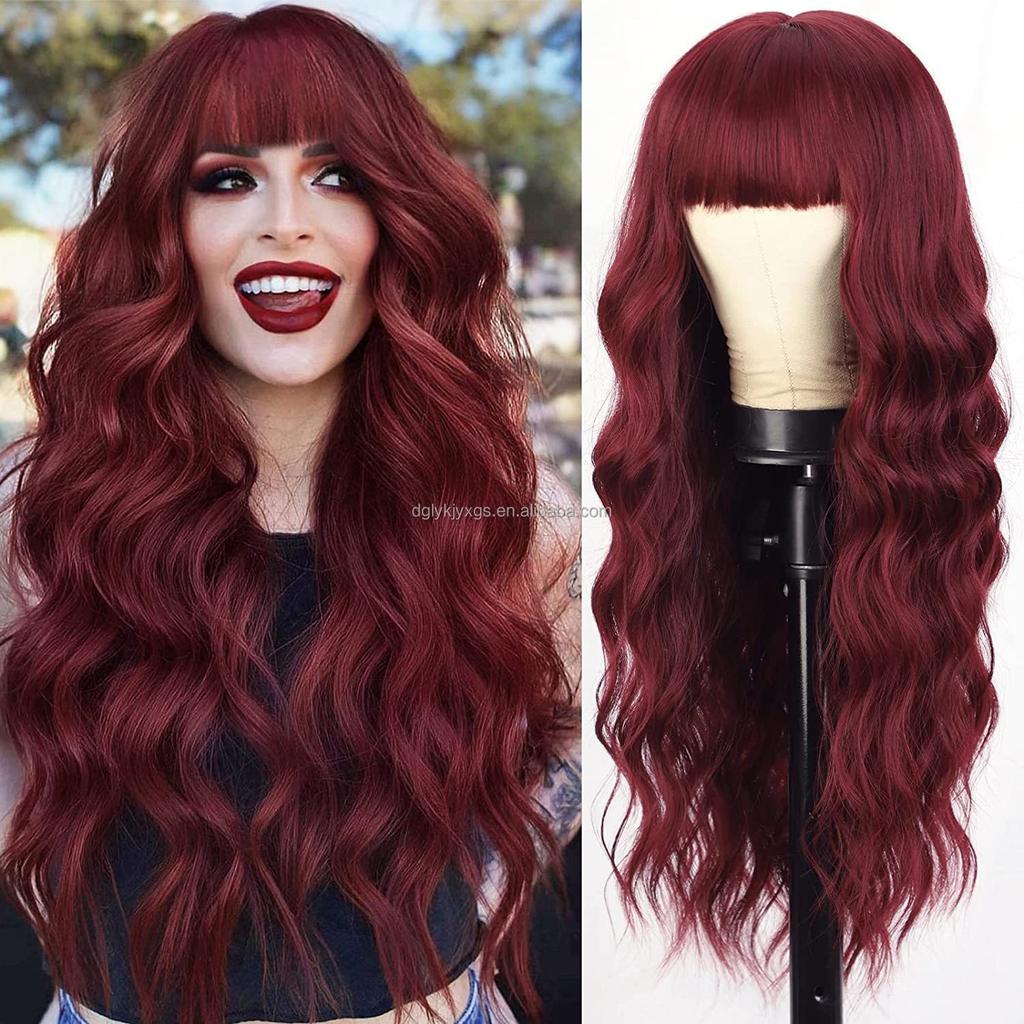 Hot Sales 26Inch Brown Mixed Blonde Wigs with Bangs for Women Wavy Curly Hair Heat Resistant Synthetic Fiber Wigs Women Hair