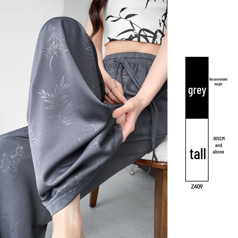 Spring 2025 New Chinese Jacquard Satin Wide-Leg Ice Silk Pants – Women's Popular Casual Style