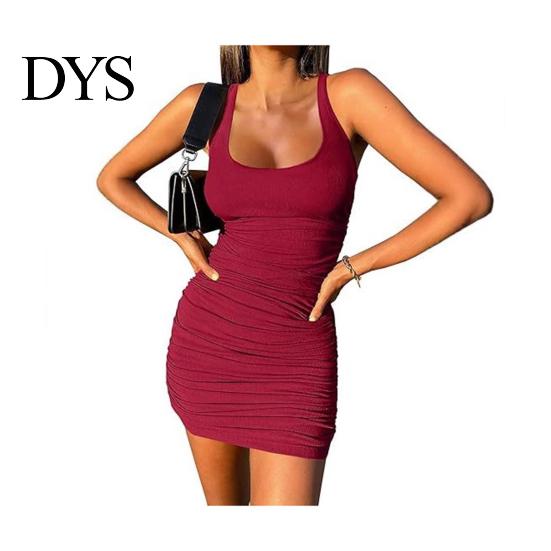 Summer Women Clothing Mini Dress Pleated Sleeveless Sheath Slim Fit Square Neck Thread Pure Color Elastic Vest for Club Beach Parties