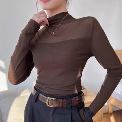 Printemps et Automne Col mi-haut Élégant T-shirt de Base pour Femmes Polyvalent Coupe Slim Amincissant Manches Longues