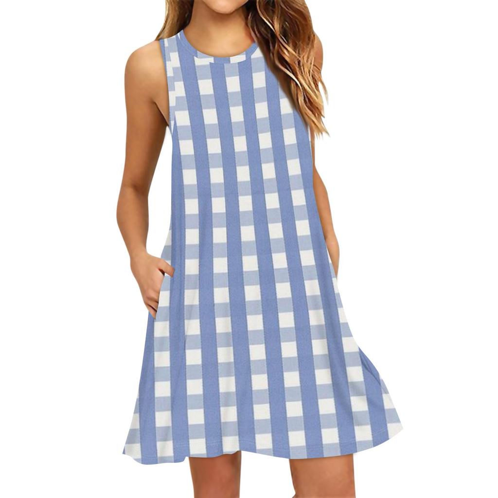 Women's Fashion Beach Dress Sleeveless Round Neck Stripe Print Dress