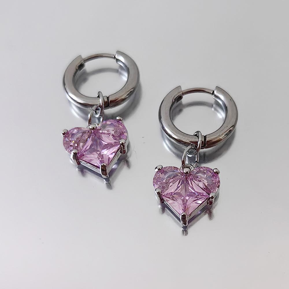 Stainless Steel Vacuum Plated Ear Buckle Sweet Cool Copper Inlaid Zircon Love Pendant Earrings Versatile Earrings Neutral