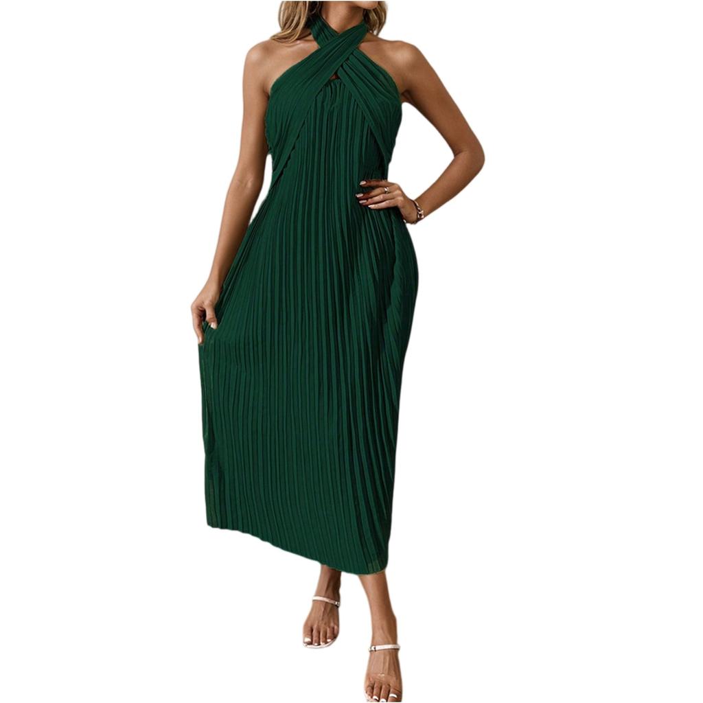 Women's Fashionable Sexy Solid Color Hanging Neck Backless Vacation Sleeveless Pleated Dress