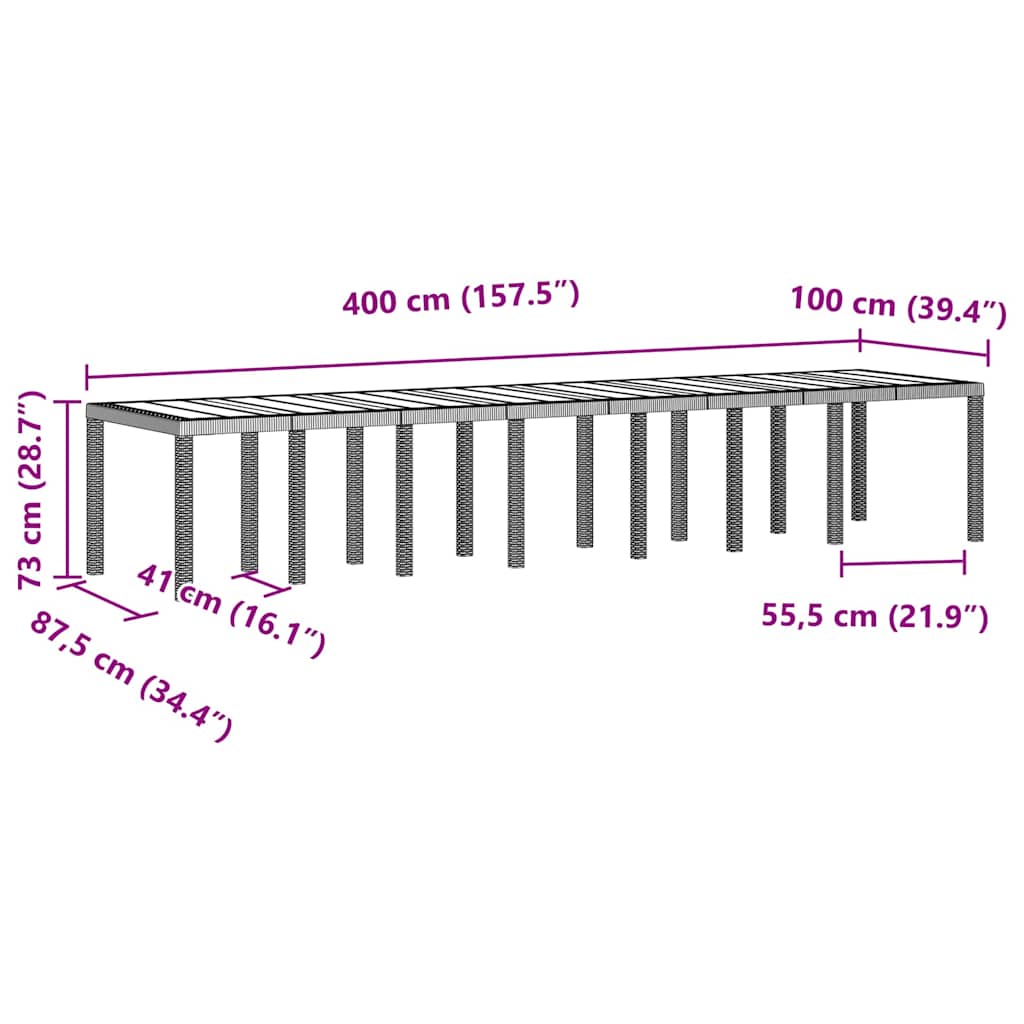 Garden Table Light Gray 400 x 100 x 73 cm Poly Rattan