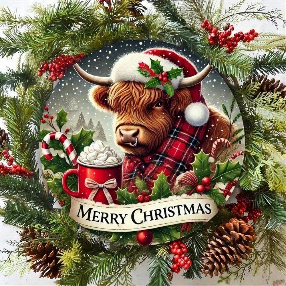 2D Flat Holiday Cow Metal Wall Art, Round Aluminum Sign For Home Door Porch Living Room