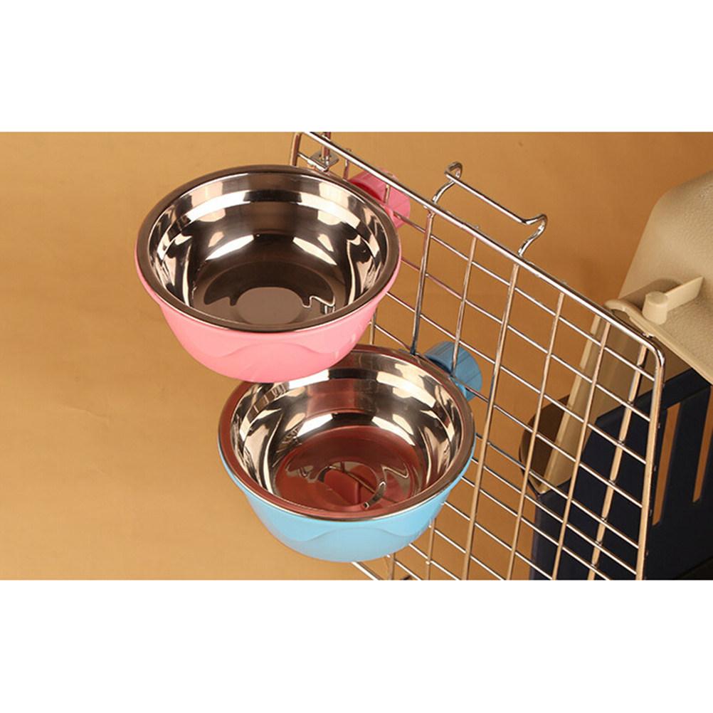 Pet Hanging Bowl Stainless Steel Dog Cat Cage Two-Layer Detachable Pink Stationary Bowl Economical Pet Supplies