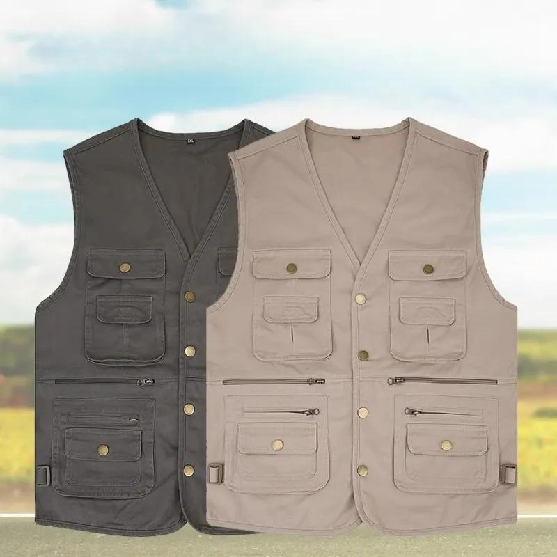 

Man Sleeveless Jacket 100% Cotton Vest for Men Multi-pocket Vests Outdoor Fishing Photography Horse Clip Casual Clothes L хакі