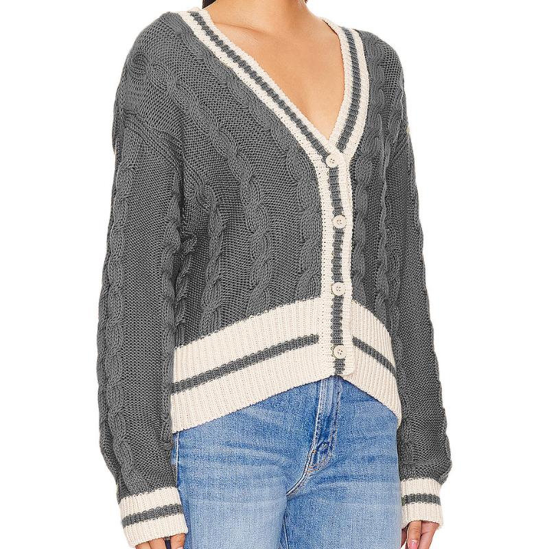 GMXIA Women's V-neck Colour Blocking Twist Knitted Cardigan Autumn and Winter Loose Fashion Jumper Jacket