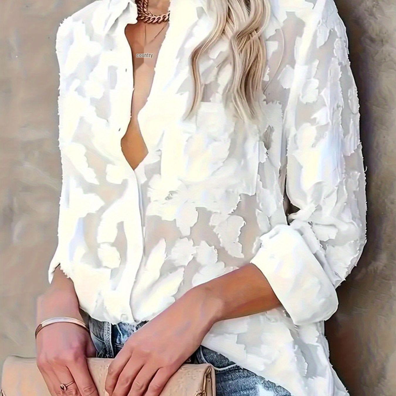 Elegant Jacquard Loose Fit Plus Size Women s Casual Shirt with Pockets 2XL белый