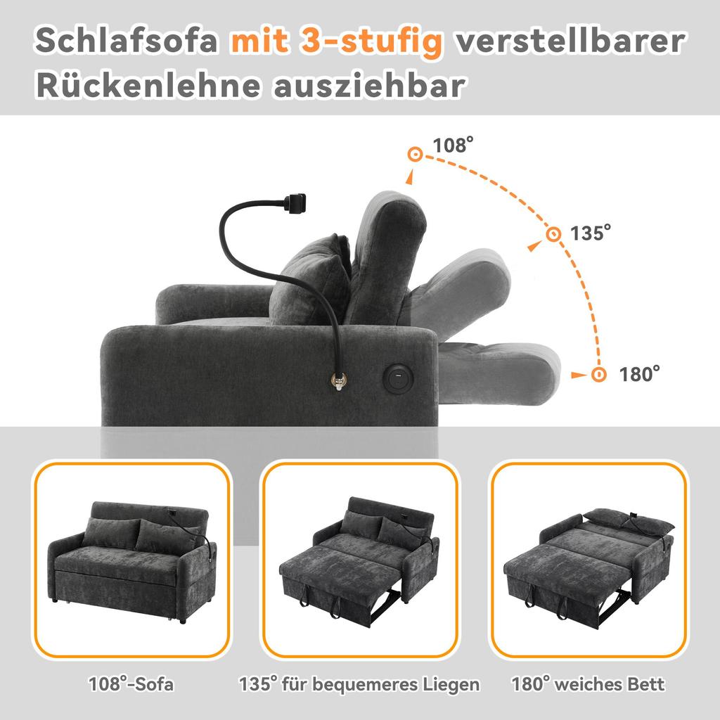 Sofa Bed Flieks 2-seater Sofa with Sleep Function, Adjustable Backrest, USB Ports and Mobile Phone Holder