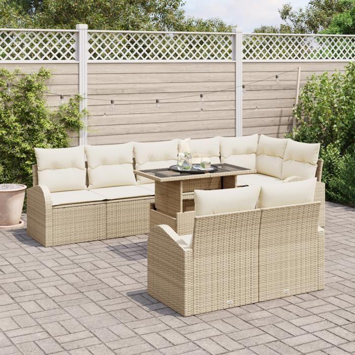 VidaXL Ensemble de Sofa de Jardin 9 Pièces avec Coussins Beige Poly Rotin 3348667