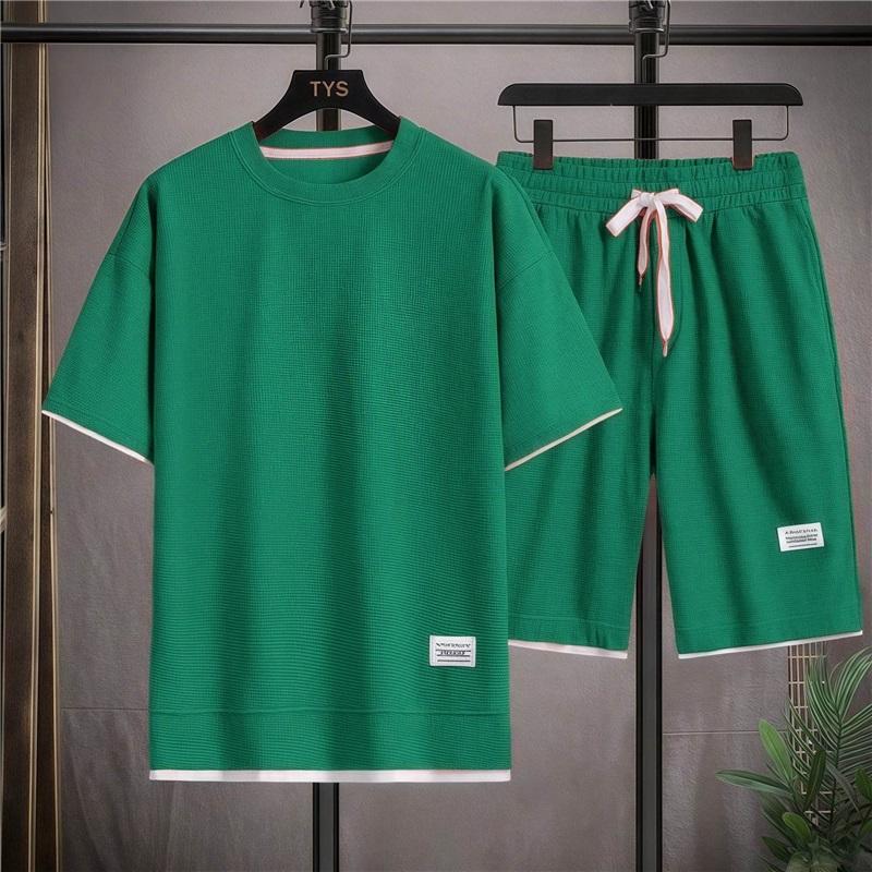 Men's Waffle Knit T-Shirt Shorts Set 2 Piece Casual Outfit Fake Two-Piece Design