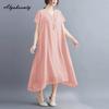 Korean Style Plus Size Summer Women Midi Dress V Neck Black White Pink Blue Yellow Orange Loose Dress Short Sleeve Casual Basic Ladies' Dress