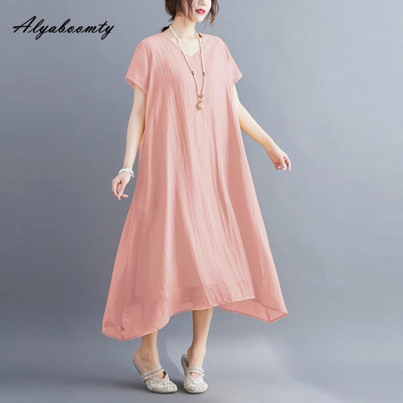 Korean Style Plus Size Summer Women Midi Dress V Neck Black White Pink Blue Yellow Orange Loose Dress Short Sleeve Casual Basic Ladies' Dress