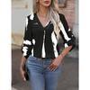 Women Black White Abstract Print V Neck Roll Tab Long Sleeve Casual Blouse