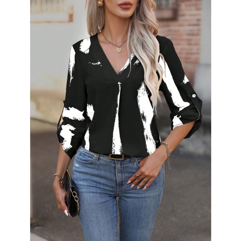 Women Black White Abstract Print V Neck Roll Tab Long Sleeve Casual Blouse