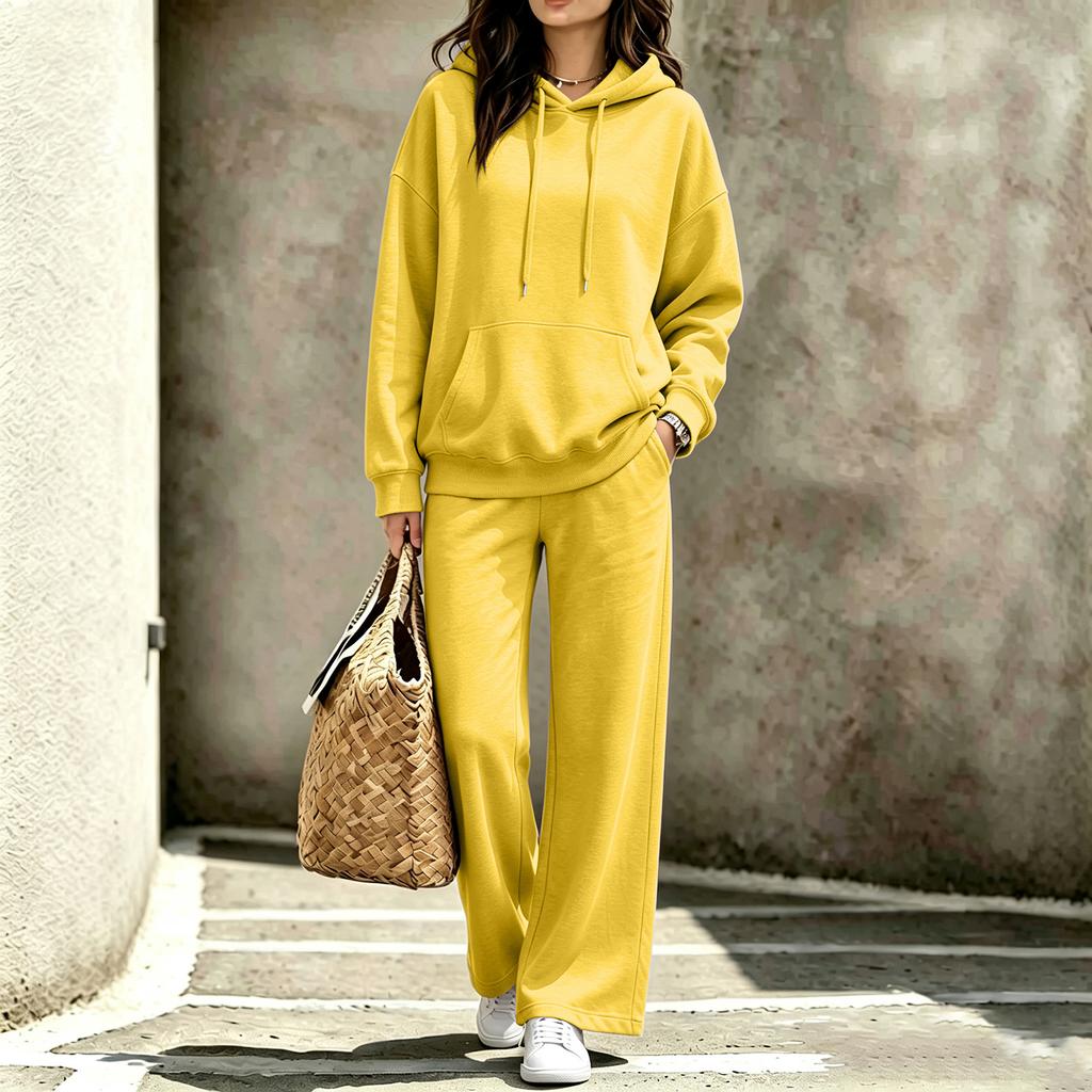 Women's Casual Hooded Sweatshirt and Pants Set with Pockets for Fall and Winter