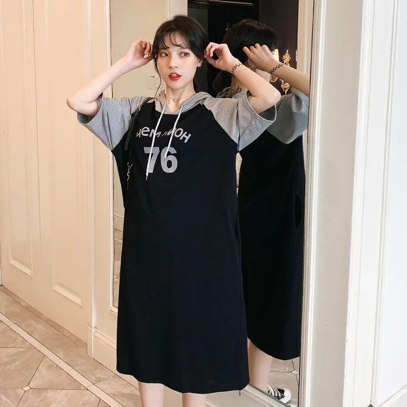 

150.00kg Summer New Arrival Plus Size Plus Size Ladies Loose Stitching Printing Western Style Slimming Hooded Tops Short Sleeve Dress Black XL(Suggested 68.00 kg-82.50 kg)