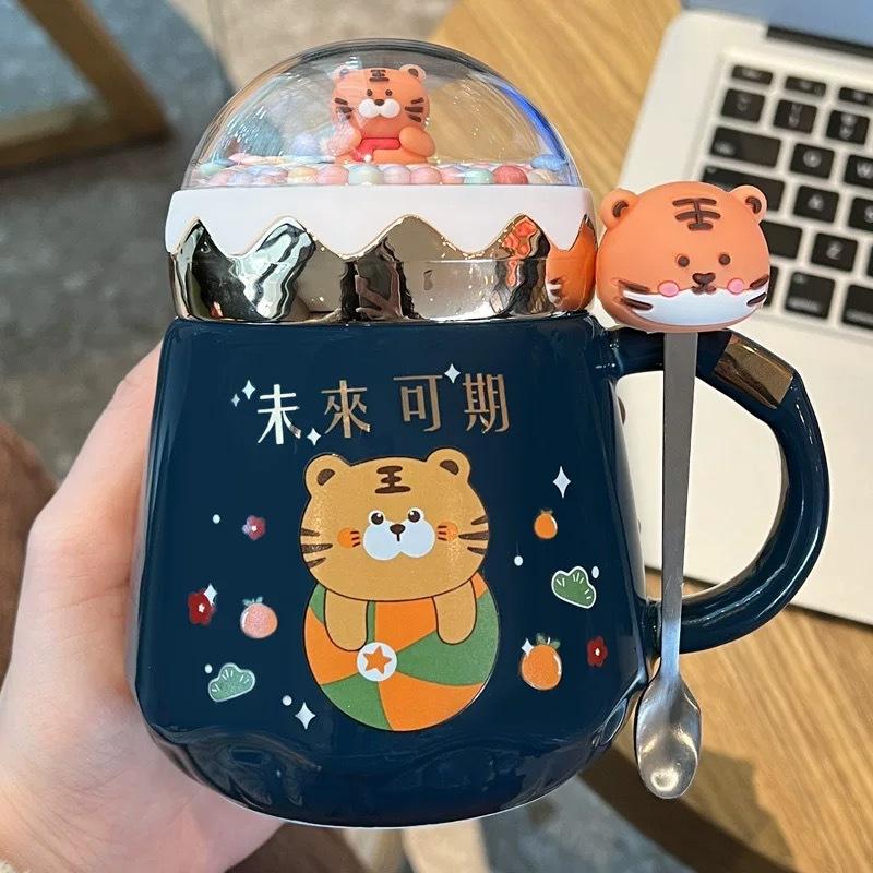 Year of the Tiger Mug with Lid Creative Large Capacity Ceramic Cup Couple Pair Cup Cute Cartoon Coffee Mug for Home Use