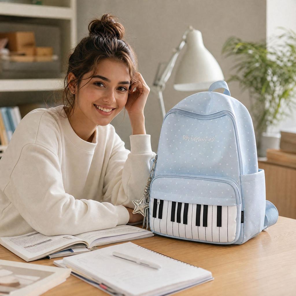 Piano Pattern Backpack for Teen Girls High School Students Cute Versatile Campus Travel Bookbag