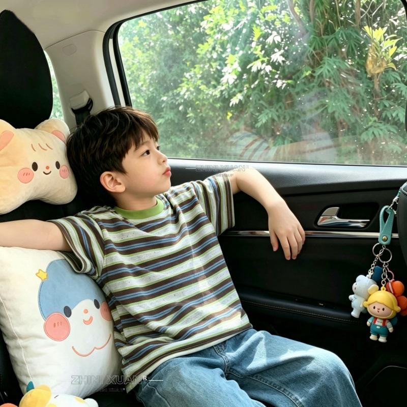 Korean Style Cloud Pattern Kids' Summer T-Shirt - Thin Striped, Short Sleeve, Parent-Child Outfit for Boys & Girls
