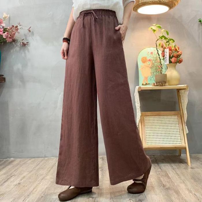 

Брюки из хлопка и льна, женские свободные брюки с высокой талией, повседневные брюки, летние тонкие брюки с эластичной резинкой на талии, новые 5XL темно-коричневого