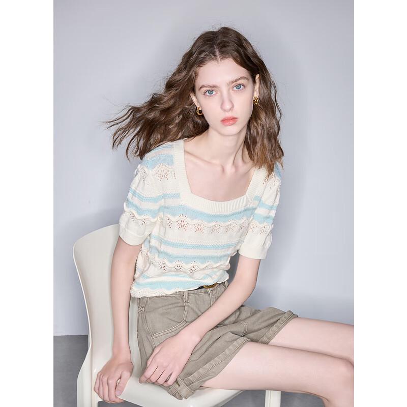 

Sancai Women s 2025 Summer Hollow-Out Crochet Striped Square Neck Short Sleeve Knit Top S