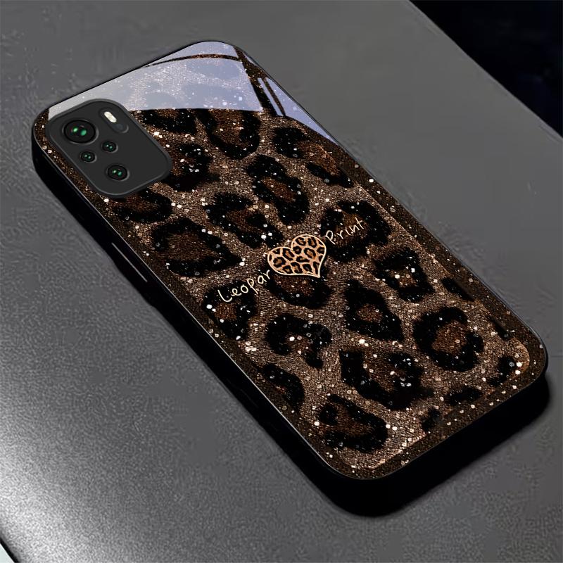 Leopard Print Love Black Glass Phone Case For Redmi Note 10 11 Pro+ 12 13 14 4G (Global) 14 Pro 5G India K60Ultra 13C 14C Cover