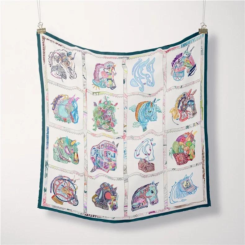 Luxury Horse Print Silk Square Scarf Women Spring Neck Tie Shawl Wraps Female Hair Hand Wrist Headkercheif Hijab Bandana
