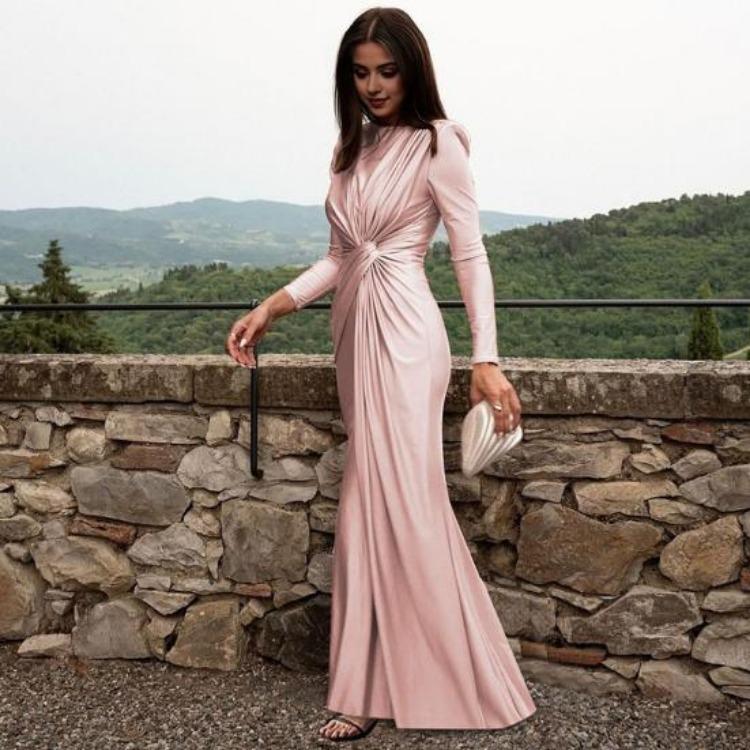Women's Cocktail & Evening Dresses - Women Evening Dress Slim Fit Round Neck Back Zipper Pleated Knot Decor