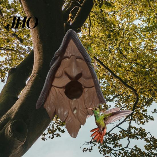 Fairy Birdhouse Happy Spirit Synthetic Resin Human Face Bird Rustic Shelter Nest Hand-Carved Ancient Tree with Carved Hair