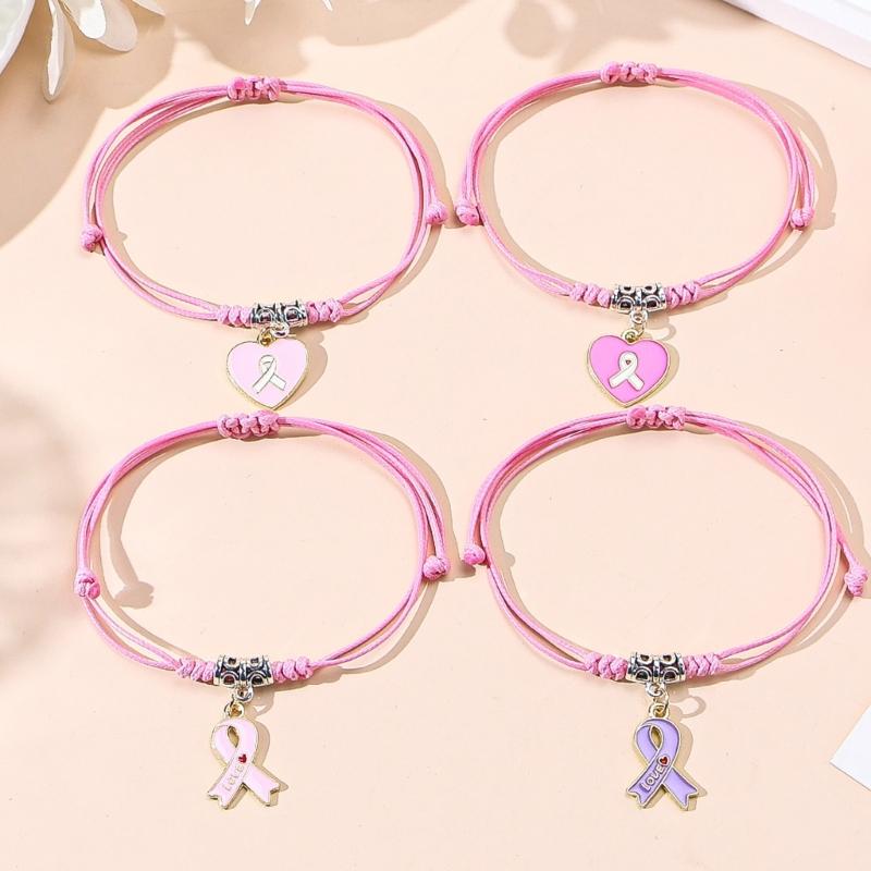 Braccialetto Regolabile in Lega di Zinco Simbolico con Nastro Rosa Viola e Ciondolo a Forma di Cuore per il Supporto al Cancro al Seno