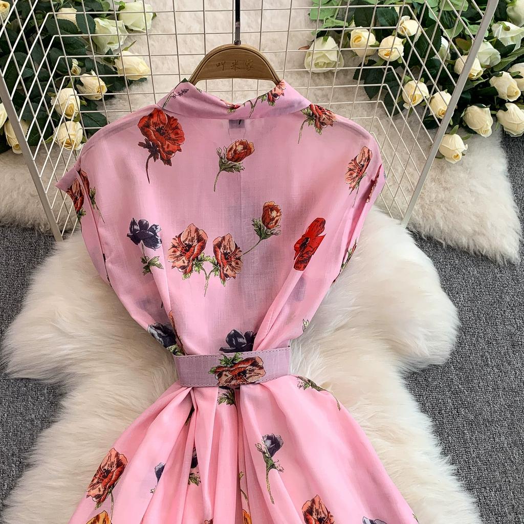 Summer Women Elegant Turn-down Collar Designer Print Long Midi Runway Party Shirt Dresses With Belt